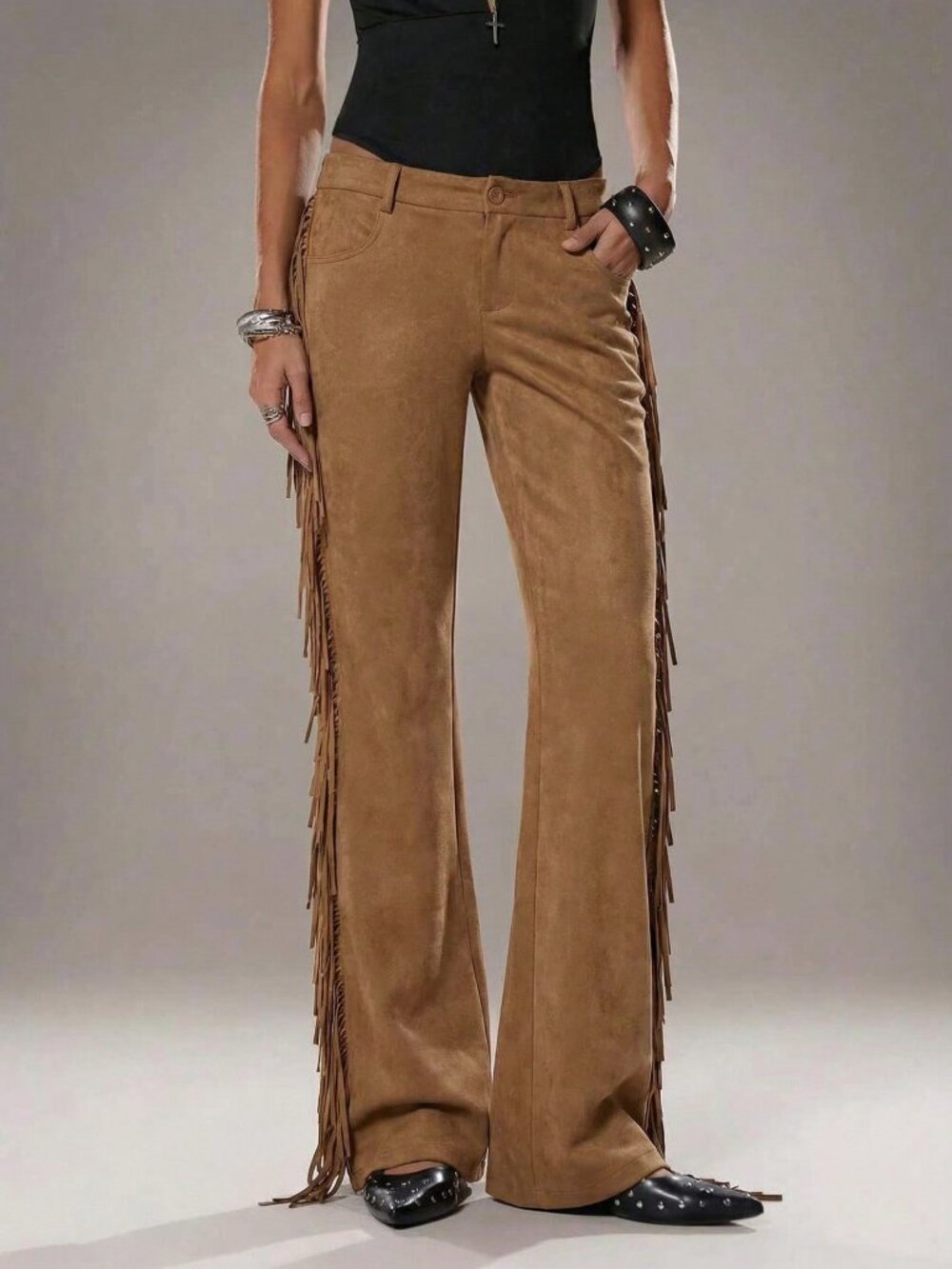 Khaki Casual Women's Extra Long Side Fringe Zipper Flare Leg Pants - Picture 5 of 6